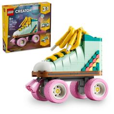 a toy roller skate with bananas attached to the top and pink wheels, next to it's box