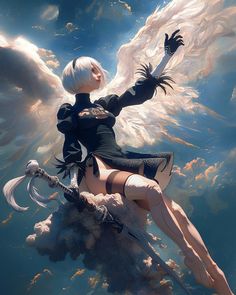 a woman with white hair sitting on top of a cloud filled sky next to an angel