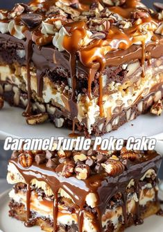 there are two pieces of cake with chocolate and nuts on top, one piece is covered in caramel