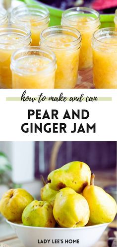 pear and ginger jam in jars with text overlay