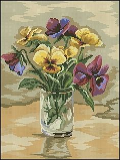 a cross - stitch picture of flowers in a vase on a table with water and clouds