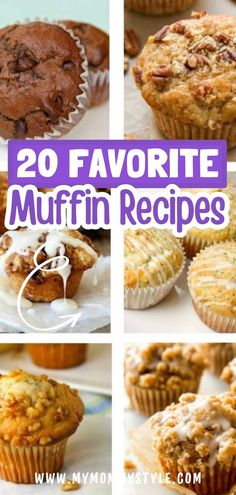 many different pictures of muffins with the words favorite muffin recipes on them