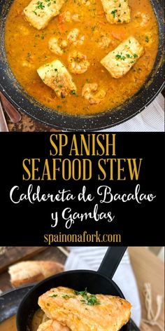 spanish seafood stew in a cast iron skillet