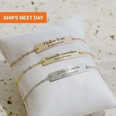 "❤ W H Y ∙ Y O U ' L L ∙ L O V E ∙ I T ☆ Over 18,000, 5-Star reviews, you can't go wrong with them. ☆ SHIPS THE NEXT DAY. ☆ Beautifully boxed for gift-giving. Bridesmaid Bracelet Gift Personalized, Wedding Gifts, Bridesmaid Jewelry, Engraved Name Bracelet, Maid of Honor Looking for a unique and thoughtful gift for your bridesmaids? Look no further than our Personalized Bridesmaid Bracelet Gift! This beautiful bracelet is made with high-quality materials and features a customizable bar that can b Adjustable Minimalist Name Bracelet For Bridesmaids, Personalized Rose Gold Bracelets For Wedding, Customized Minimalist Jewelry For Wedding, Customized Minimalist Jewelry For Weddings, Custom Name Bracelet For Wedding, Minimalist Customized Jewelry For Weddings, Minimalist Rose Gold Name Bracelet For Wedding, Personalized Rose Gold Wedding Bracelets, Custom Name Bracelet For Wedding And Mother's Day