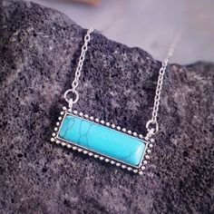 So Pretty - Rectangle Turquoise Pendent Turquoise Lined With Silver Tiny Dots Measures Approx: 1 1/4"Long Adjustable Chain Total Length Of Necklace Flat 21" Long Longest Chain Can Be 10.5" Made Of: Silver Plate & Zinc Alloy New In Package With Sku Elegant Turquoise Necklace With Rectangular Pendant, Bohemian Turquoise Rectangular Jewelry, Nickel Free Turquoise Rectangular Jewelry, Turquoise Bohemian Necklace With Rectangular Pendant, Bohemian Turquoise Necklace With Rectangular Pendant, Blue Rectangular Turquoise Necklace Gift, Rectangular Blue Turquoise Necklace For Gifting, Bohemian Blue Necklace With Rectangular Pendant, Bohemian Turquoise Rectangular Necklace