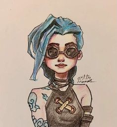 a drawing of a woman with blue hair wearing sunglasses and a bandana on her head