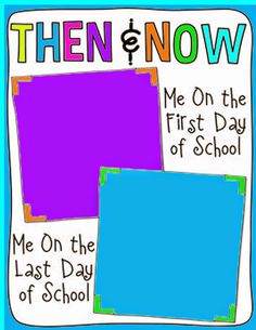 two blue and purple squares with the words, then now me on the first day of school