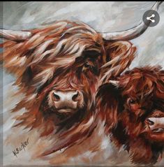 an acrylic painting of two bulls with long horns