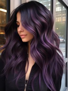 Galaxy Purple Hair, Purple Silver Hair Ombre, Violet Highlights On Dark Hair, Light Purple Balayage, Balayage Purple Hair, Dramatic Hair Color, Lavender Balayage, Ombre Hair Color For Brunettes, Purple Hair Color Ombre