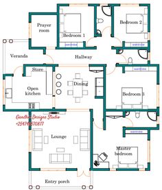 the floor plan for an apartment with three bedroom and two bathrooms, one living room