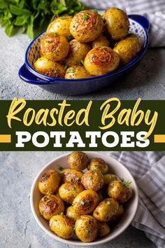 roasted baby potatoes in a blue bowl with parsley on the side and text overlay that reads roasted baby potatoes