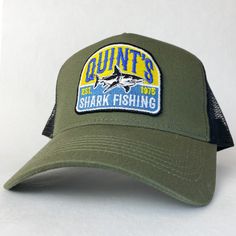 Quint's Shark Fishing - vintage style retro trucker cap - brand new. Condition is New with tags.  This is the olive version, please see other listings for the navy and the white version. The cap is wrapped in tissue paper and shipped in a rigid box so it'll arrive in perfect condition. Brilliant exclusive design, not available anywhere else. Great conversation starter and gift for fans of Jaws. Fishing Trucker Hat Baseball Cap Style, Trucker Baseball Cap With Curved Brim For Fishing, Casual Snapback Trucker Hat For Fishing, Casual Trucker Hat For Fishing With Curved Bill, Trucker Snapback Hat For Fishing, Casual Trucker Hat With Curved Bill For Fishing, Fishing Trucker Cap With Curved Bill, Trucker Baseball Cap For Fishing With Curved Bill, Trucker Baseball Cap With Curved Bill For Fishing