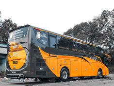 an orange and black bus parked in front of a building