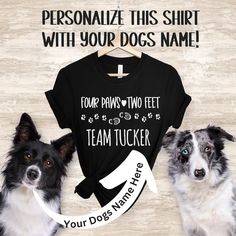 two dogs standing next to each other in front of a t - shirt that says, personalize this shirt with your dog's name