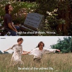 two women are running through the grass in front of a grave and one has her arms outstretched