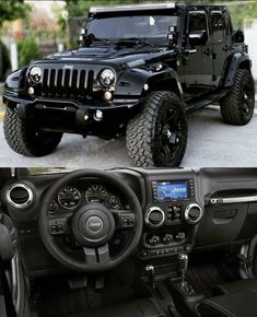 the inside and outside view of a jeep with black leather seats, steering wheel covers and dashboard controls