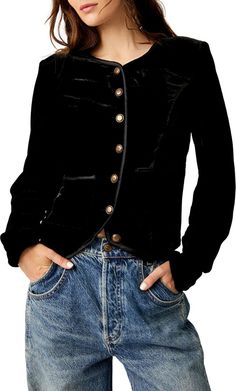 Free People Becky Stretch Velvet Jacket | Nordstrom Black Velvet Jacket, Crewneck Design, Free People Jacket, Retro Women, Velvet Jacket, Cool Jackets, Stretch Velvet, Free People Black, Tailored Jacket