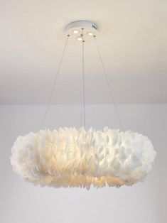 a white chandelier with feathers hanging from it's center beam in a room