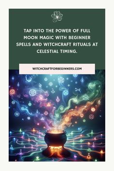 Cauldron with colorful smoke and magical symbols, promoting beginner spells and rituals under a full moon theme.