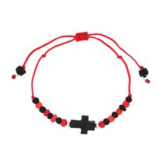 The Genuine Azabache Crucifix Red Rope Bracelet Adjustable Unisex Women and Men showcases a central crucifix bead made of Azabache, complemented by alternating red and black beads, offering spiritual protection with an adjustable cord featuring small black beads at its ends. Adjustable Crucifix Spiritual Bracelet, Adjustable Red Rosary Bracelet, Red Spiritual Rosary Bracelet, Lucky Charm Bracelet, Red Rope, Lucky Bracelet, Spiritual Protection, Spiritual Connection, Anklet Bracelet