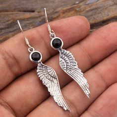 925 Sterling Silver Black Onyx Gemstone Earring, Wings Feather Charm Jewelry, Unique Gift, Women Earring, Halloween Gift METAL - 925 STERLING SILVER GEMSTONE - Black Onyx  EARRINGS LENGTH - 2.1" EARRINGS WEIGHT - 4.2 GRAMS    COLOR - Black STONE SIZE - 5 x 5 MM Black Onyx Earrings, Onyx Earrings, Feather Charms, Onyx Gemstone, Jewelry Unique, Halloween Gift, Sterling Silber, Black Onyx, Halloween Gifts