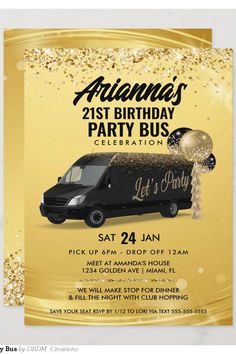 a black and gold party bus with balloons