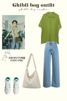 Green polo tshirt, blue jeans, white shoes, tote bag Ghibli Costume, Studio Ghibli Clothes, Studio Ghibli Outfits, Studio Ghibli Fashion, Taku Morisaki