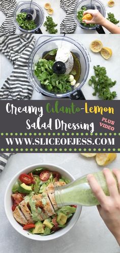 someone pouring dressing into a salad in a bowl with lemons and avocado