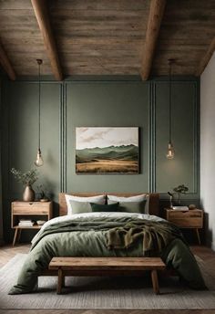 King Bedroom Ideas Small Spaces, Couple Bedroom Ideas Married Modern, Earthy Bedroom, Bedroom Interiors, Comfy Bedroom, Brown Bedroom, Green Walls