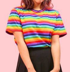 RAINBOW STRIPED TEE sold by OCEAN KAWAII on Storenvy Rainbow Tee, Rainbow Outfit, Rainbow Fashion, Pride Outfit, Y2k Outfits, Cute Summer Outfits, Looks Style, A Rainbow, Striped Tee