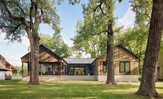 the house is surrounded by trees and grass