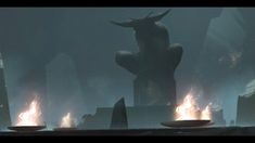 an animated scene with flames in the foreground and a demon statue in the background