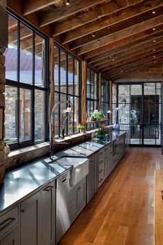 Different Ways to Get More Daylight Inside Your Home Industrial Farmhouse Living Room, Dapur Rustic, Rustic Kitchen Cabinets, Steel Windows, Rustic Kitchen Design, Industrial Kitchen, Large Kitchen, Stainless Steel Appliances