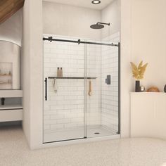 a bathroom with a shower, toilet and sink in it's corner area is shown