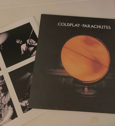 four black and white photographs with the words coldplay parachutes on them next to each other