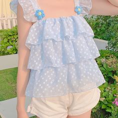 Product ID: JW2485 
 Material: Chiffon 
 Color: Light blue 
 Size Info: 
 One Size     Bust 74-97 cm, Length 48 cm Sleeveless Chiffon Blouse With Ruffles, Sleeveless Ruffled Chiffon Blouse, Cute Polka Dot Sleeveless Top, Cute Sleeveless Blouse With Floral Print, Cute Sleeveless Blouse With Ruffles, Sleeveless Polka Dot Top For Beach, Cute Blue Summer Blouse, Summer Ruffled Polka Dot Blouse, Light Blue Ruffled Blouse For Beach