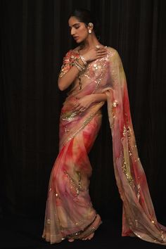 Multi-colored pre-draped saree with rang print and sequins embroidery. Comes with a blouse. - Aza Fashions Fitted Multicolor Pre-draped Saree For Eid, Festive Multicolor Organza Pre-draped Saree, Festive Fusion Pre-draped Georgette Saree, Festive Fusion Style Pre-draped Georgette Saree, Festive Fusion Pre-draped Saree For Diwali, Multicolor Chanderi Blouse Piece For Reception, Fusion Style Saree In Georgette With Traditional Drape, Fusion Style Georgette Saree With Dupatta, Fusion Style Fitted Dupatta With Traditional Drape