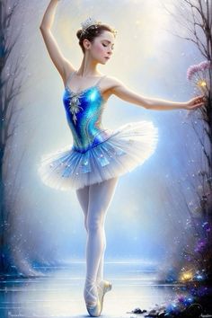 a painting of a ballerina in blue and white