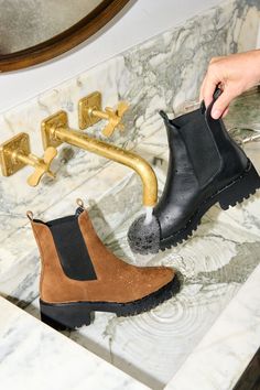 FRĒDA SALVADOR BROOKE water resistant chelsea boots in Black Calf and Brown Suede. Freda Salvador, Rain Or Shine, Chelsea Boot, Lug Sole, Brown Suede, Everyday Fashion, Calf Leather, Chelsea Boots, Chelsea