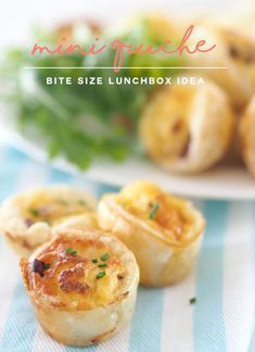 mini quiche bites size lunchbox idea on a blue and white striped tablecloth