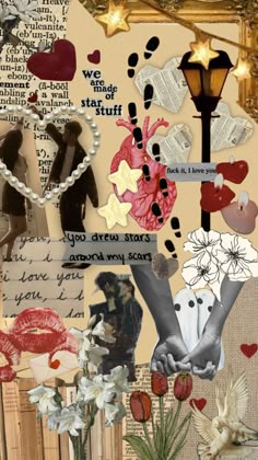 collage with flowers, hearts, and other things in the background that are handwritten