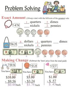 a poster with money and other things to make it easier for kids to learn how to solve