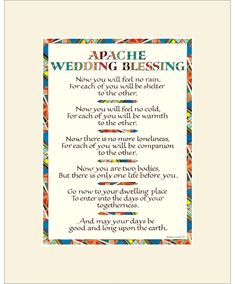 a card with the words apache wedding blessing written in colorful letters on it and an image of