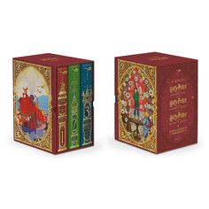 two harry potter books are shown side by side, one is red and the other is green