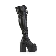 demonia | Totally Wicked Footwear Platform Thigh High Boots, Goth Platforms, Stretch Thigh High Boots, Leather Thigh Boots, Demonia Shoes, Black Chunky Heels, Short Heels, Thigh Boot, 5 Inch Heels