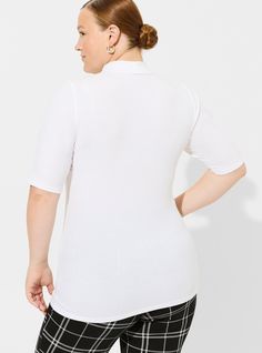 FIT Model is 5'10” wearing size 1. . Measures 30” from shoulder. . MATERIALS + CARE Super Soft Rib knit fabric: Tucked in or not, this ultra-soft and stretchy textured knit is your perfect base layer. . Stretch level: Maximum. 59% polyester, 31% rayon, 10% spandex. Machine wash cold. Line dry. . Imported. DETAILS Mock neckline. Short sleeves. . The best plus size women's Super Soft Rib Mock Neck Short Sleeve Top Tops in bright white made of supersoftrib. Torrid is your destination for cozy fall and winter clothes to keep you warm and comfortable. Fitted Textured Knit Versatile Top, Fitted Textured Knit Top, Versatile Style, Fitted Versatile Textured Knit Top, Versatile Fitted Textured Knit Top, White Fitted Versatile Knit Top, Textured Knit Stretch Tops For Work, Fitted Short Sleeve Knit Top With Seamless Collar, Fitted Knit Top With Seamless Collar And Short Sleeves, Versatile Knit Stretch Tops