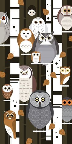 an image of many owls on the tree branch in front of white and brown stripes