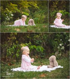 a baby sitting on the grass with a stuffed animal in it's lap and then playing