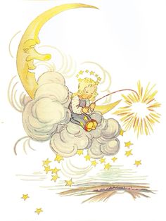 an illustration of a teddy bear sitting on the moon with fireworks in the sky above