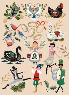 an illustration of people dressed in costumes and christmas decorations, including birds, wreaths, snowmen, trees, and other holiday items